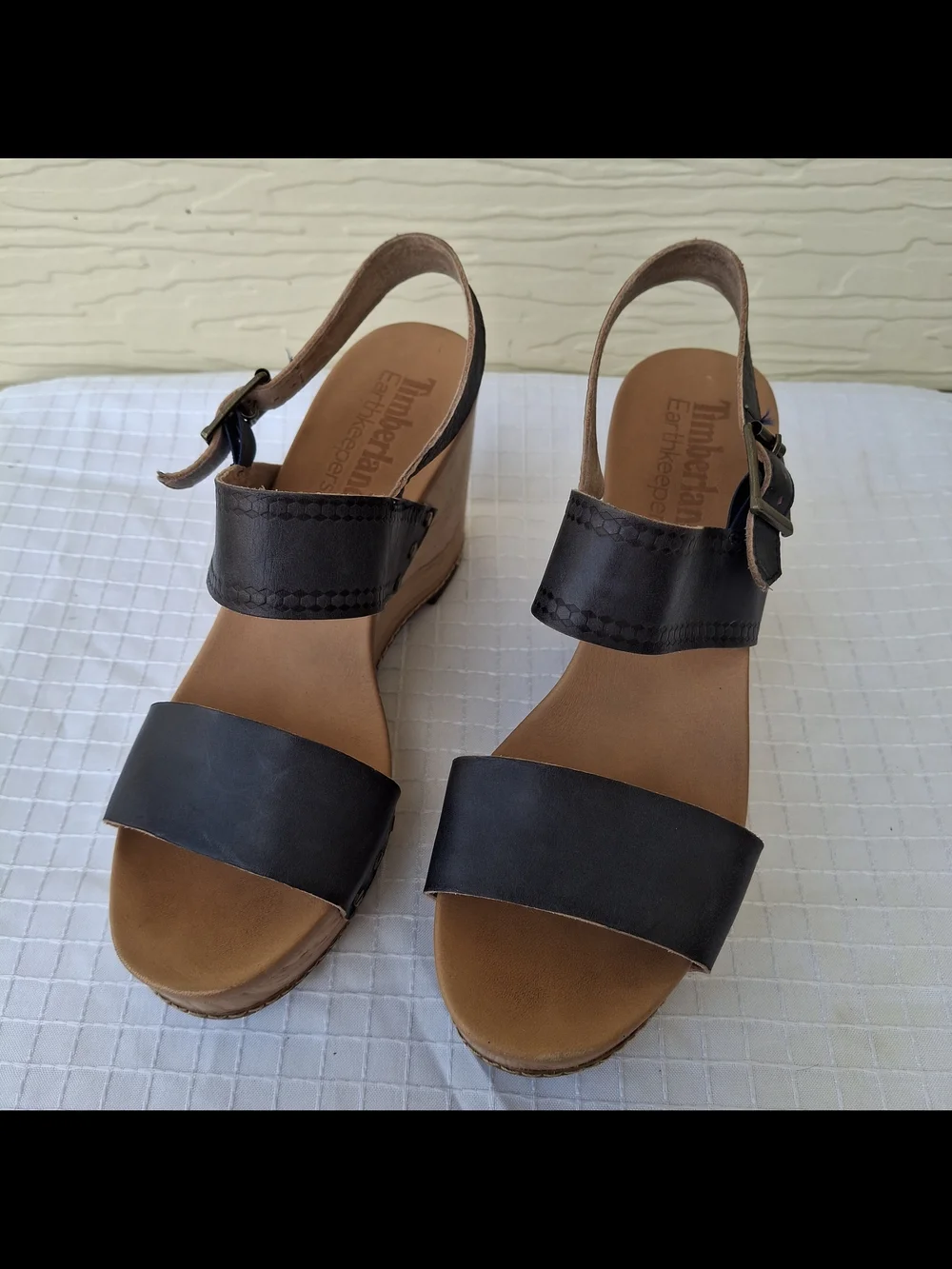 Timberland Women's Black Leather Wedge Sandals with Buckle Strap Size 8